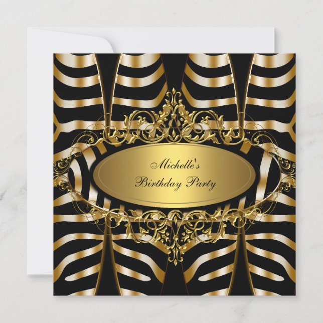 Elegant Zebra Wild Gold Black Birthday Party Invitation (Front)