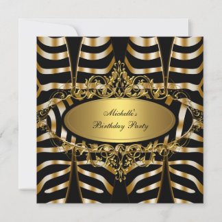 Elegant Zebra Wild Gold Black Birthday Party Invitation