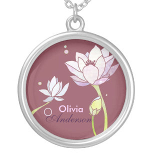 Elegant Zen Lotus Personalized Name Silver Plated Necklace