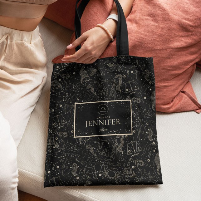Elegant Zodiac Astrology Libra Black/Gold Tote Bag (Creator Uploaded)