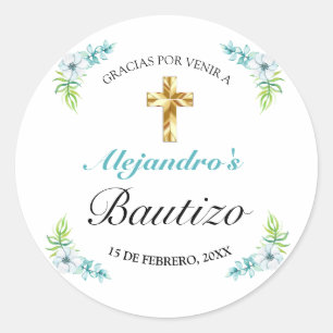 Elegante Azul Floral Oro Cruz Bautismo Gracias Classic Round Sticker