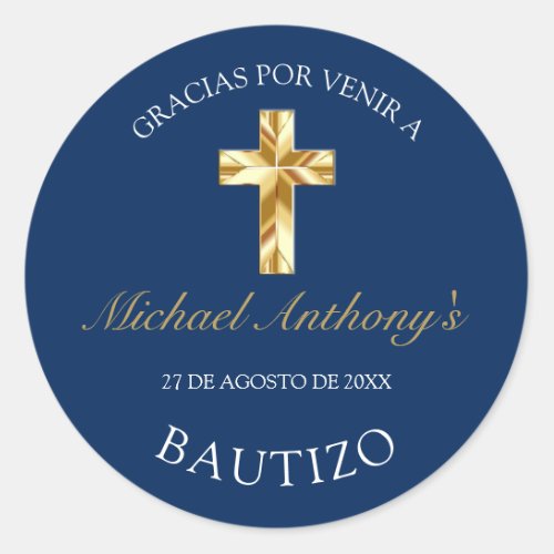 Elegante Bautismo de Beb Azul Dorado Gracias Classic Round Sticker