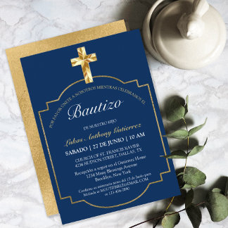 Elegante Bautismo de Niños Con Cruz Dorada Azul Ma Invitation