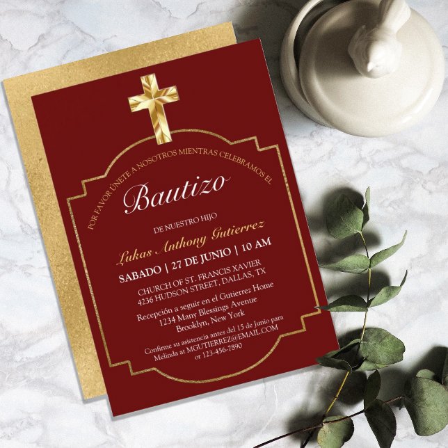 Elegante Bautismo de Niños Con Cruz Dorada Borgoña Invitation (MODERN BURGUNDY GOLD CROSS BAUTIZO SPANISH LANGUAGE)