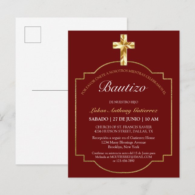 Elegante Bautismo de Niños Con Cruz Dorada Borgoña Invitation Postcard (Front/Back)