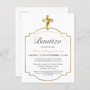 Elegante Bautismo de Niños Con Cruz Dorada Invitation Postcard