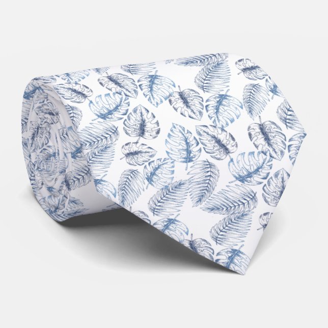 elegante blanco con hojas azules neck tie (Rolled)