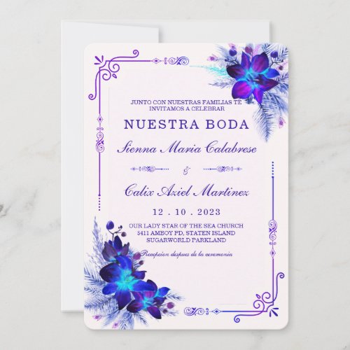 Elegante boda con orqudeas azules y moradas invitation