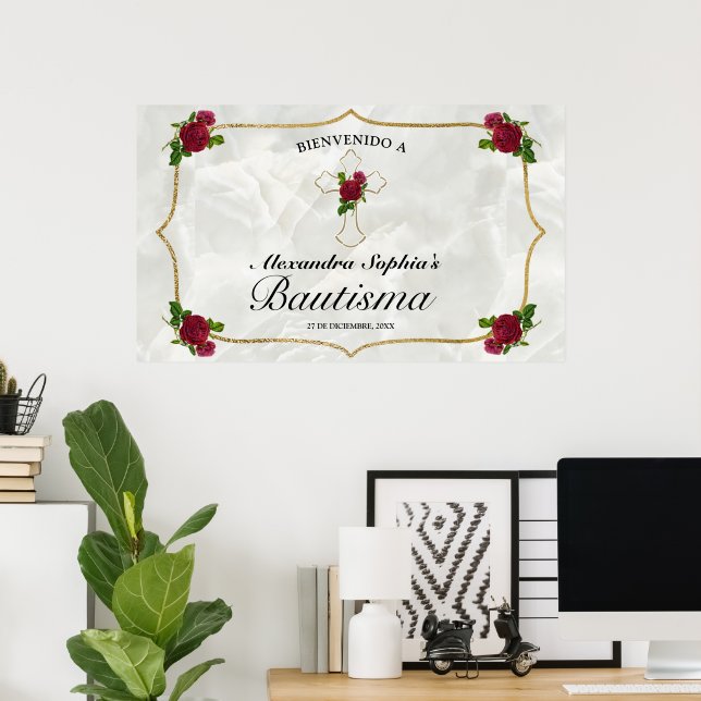 Elegante Cruz Dorada Rosas Rojas Niñas Bautismo Poster (Home Office)