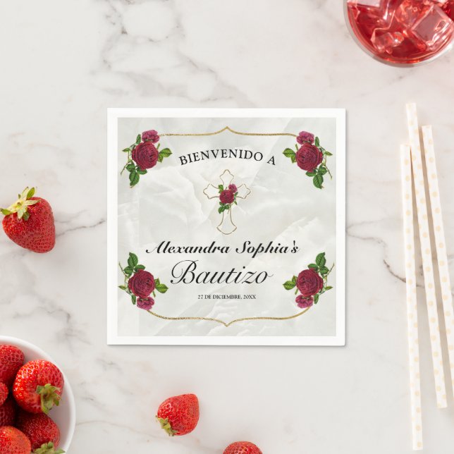 Elegante Cruz Dorada Rosas Rojas Niñas Bautizo Napkins (Insitu)