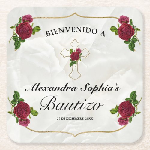 Elegante Cruz Dorada Rosas Rojas Nias Bautizo    Square Paper Coaster