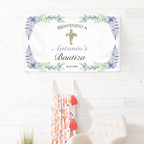 Elegante cruz floral de oro de lavanda bienvenido banner