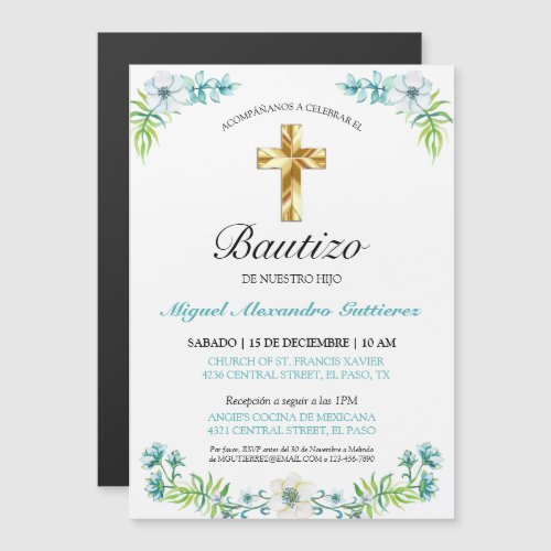 Elegante Cruz y Flores Para Nio Bautizo Magnetic Invitation