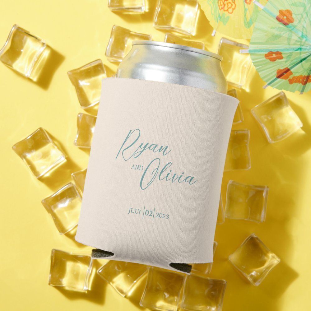 Disover Elegante Customizable Beige Teal wedding Can Cooler