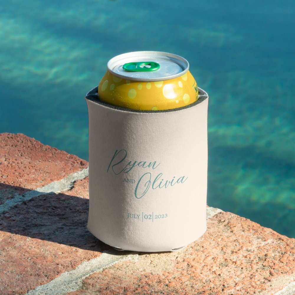 Disover Elegante Customizable Beige Teal wedding Can Cooler