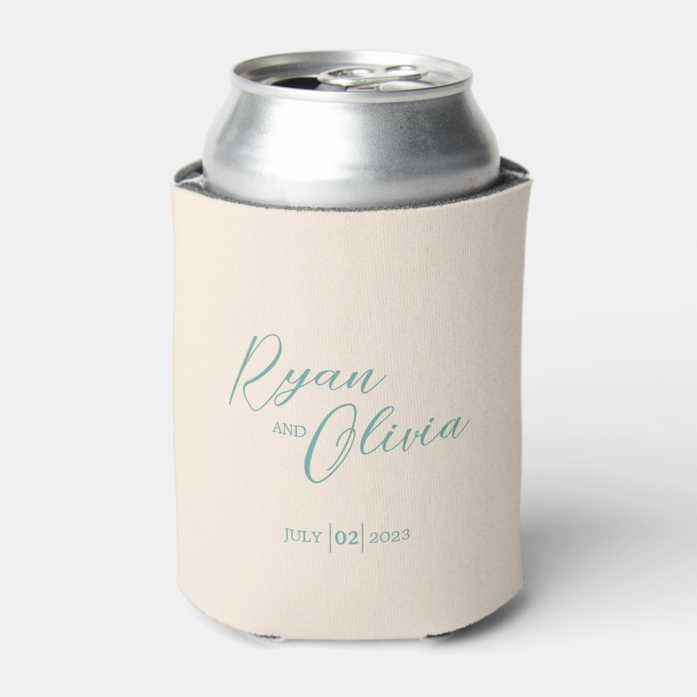 Disover Elegante Customizable Beige Teal wedding Can Cooler