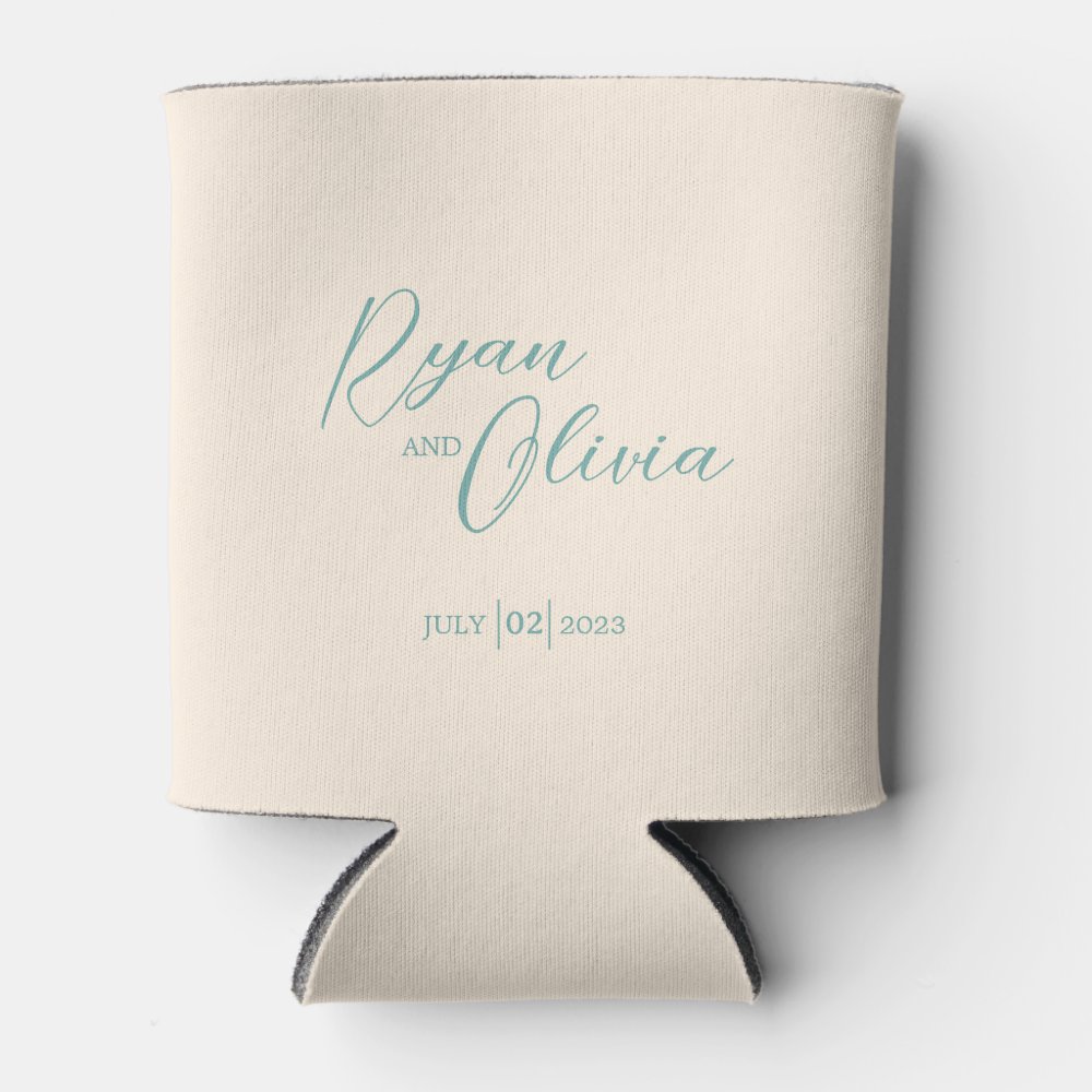 Disover Elegante Customizable Beige Teal wedding Can Cooler