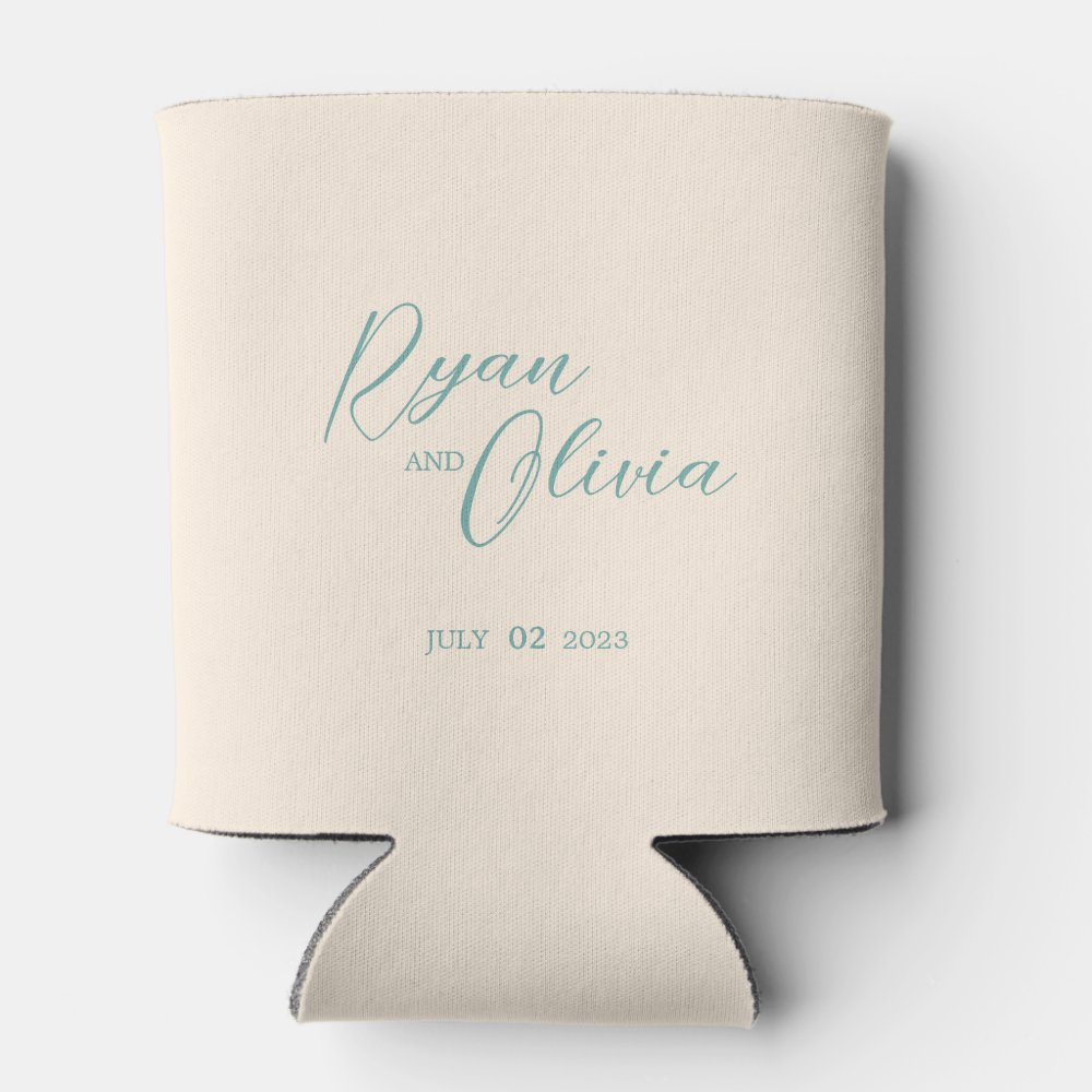 Disover Elegante Customizable Beige Teal wedding Can Cooler