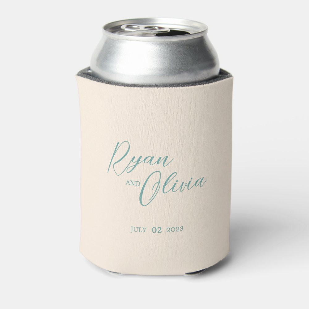 Disover Elegante Customizable Beige Teal wedding Can Cooler