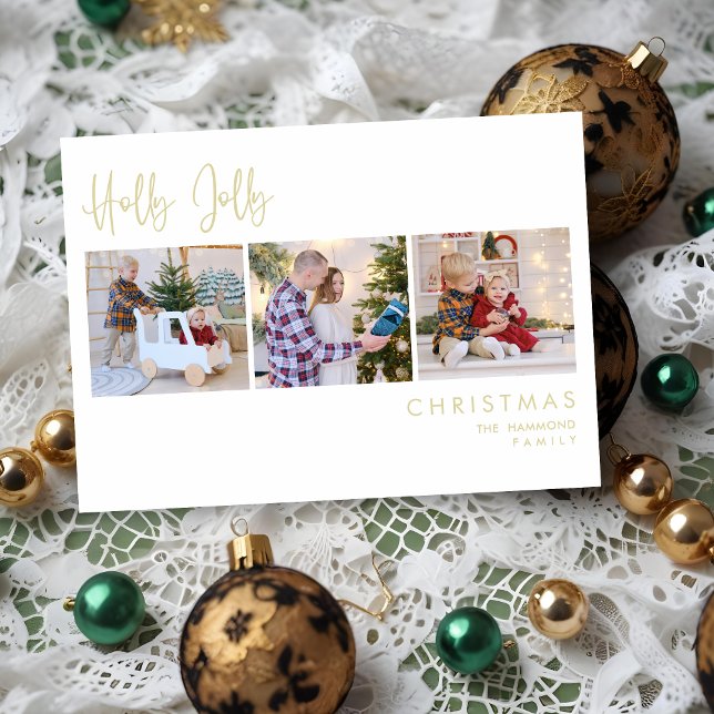 Elegante Efecto Oro Holly Jolly 3 Fotos Navidades Holiday Card (Elegant Gold Effect Holly Jolly 3 Photos Christmas Holidays Cards.)