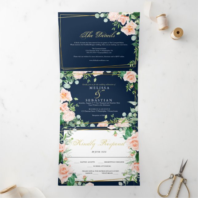 elegante Invitación triple azul oro marino Invitac Tri-Fold Invitation (Inside)