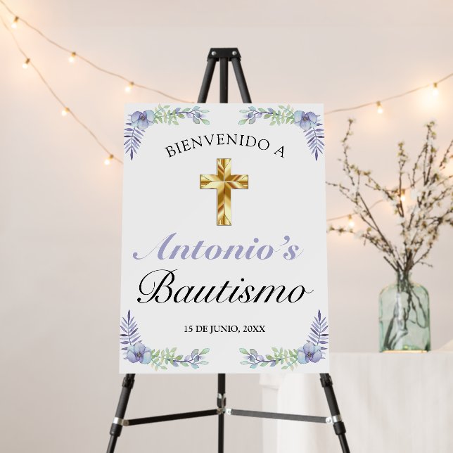 Elegante Lavanda Cruz De Oro Bautismo Bienvenido  Foam Board (In Situ (Stand))
