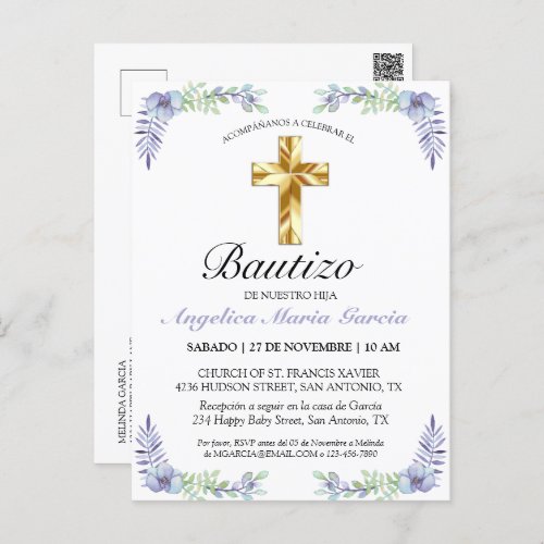 Elegante Lavanda Cruz De Oro Bautizo Beb Invitati Postcard