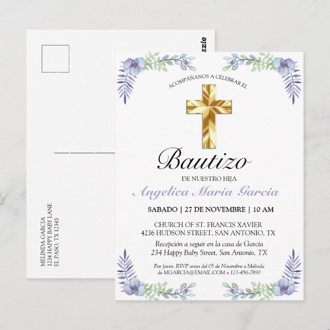 Elegante Lavanda Cruz De Oro Bautizo Bebé Invitati Postcard (Front/Back)