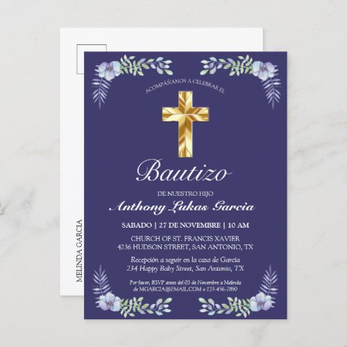 Elegante Lavanda Cruz De Oro Bautizo Beb   Invitation Postcard