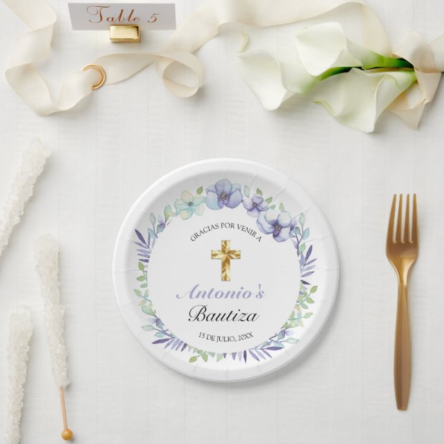 Elegante Lavanda Cruz De Oro Bautizo Paper Plates (Wedding)