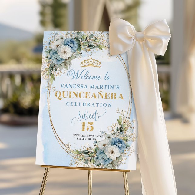 Elegante letrero de bienvenida quinceañera azul y  foam board (Elegante letrero de bienvenida quinceañera azul y oro)