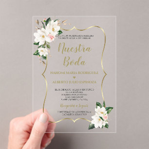 Elegante Magnolia Gold Spanish Nuestra Boda Acrylic Invitations