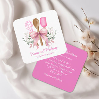 Elegante panadería con utensilios de arco rosado square business card