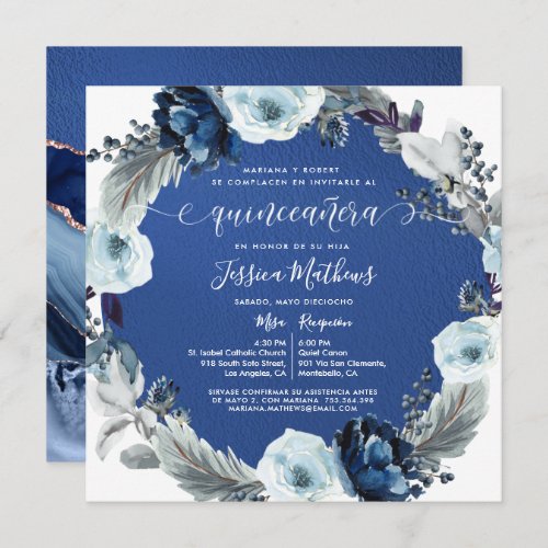 Elegante Quinceaera Azul Marino y Rey con Flores  Invitation