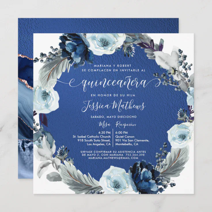 Elegante Quinceañera Azul Marino y Rey con Flores Invitation | Zazzle