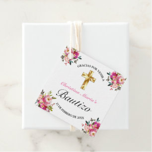 Elegante Tinta Floral Bautizo Cruz De Oro Favor Tags