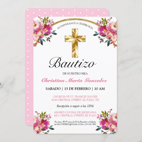 Elegante Tinta Floral Bautizo Cruz De Oro Invitation