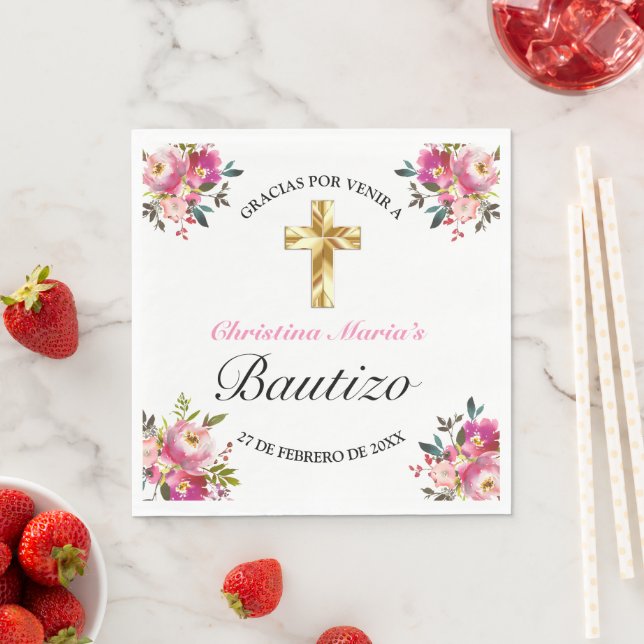 Elegante Tinta Floral Bautizo Cruz De Oro Napkins (Insitu)