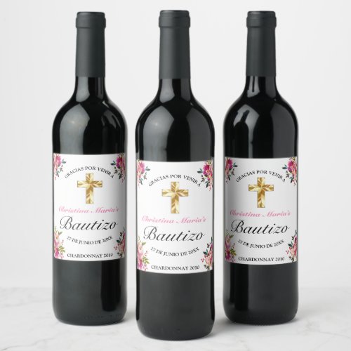 Elegante Tinta Floral Bautizo Cruz De Oro  Wine Label