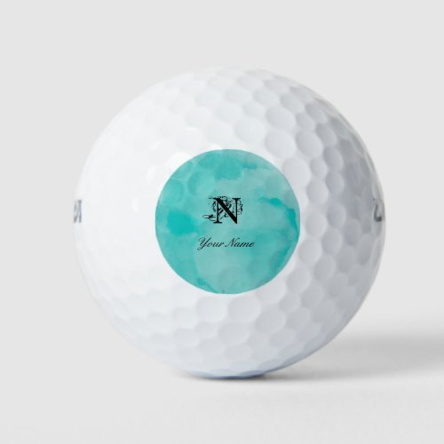 Elegante Turquoise Watercolor Monogram Golf Balls