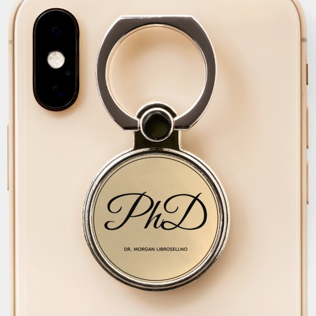 Elegantly Gold Name PhD Graduation Phone Ring Stand (Close Up)