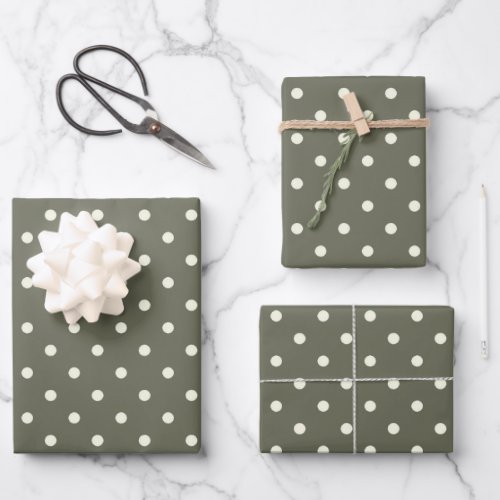 Elegantly Paired Lichen Dark Green White Polka Dot Wrapping Paper Sheets