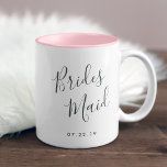 Elegantly Penned | Bridesmaid Two-Tone Coffee Mug<br><div class="desc">A sweet and elegant gift for your bridesmaids,  two-tone mug in pink and white features "bridesmaid" in hand lettered script typography. Personalize with your wedding date beneath.</div>