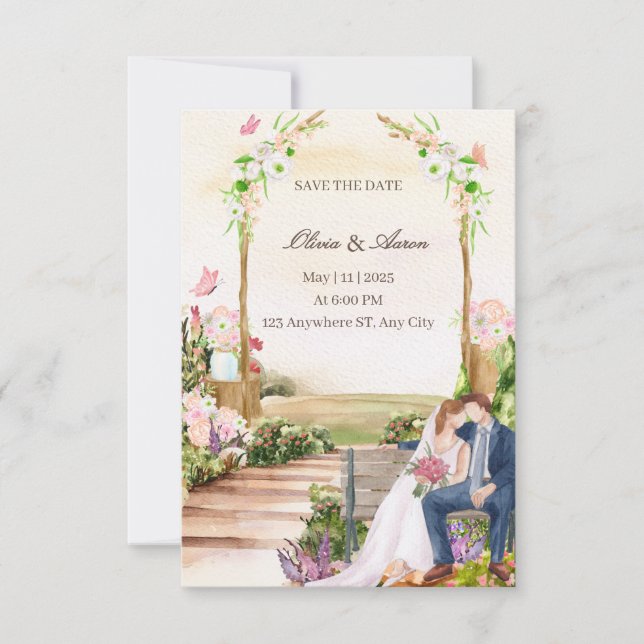 Elegantly Romantic Garden Couple Illustration Save Invitation (Front)