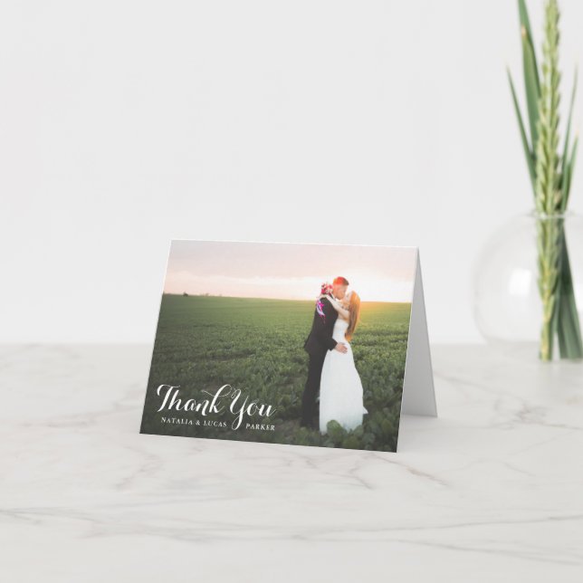 Elegantly Scripted Photo Wedding Thank You | White Card (Front)