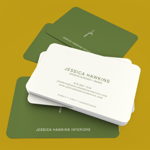 Elegantly Simple Script Monogram Olive Green Business Card
