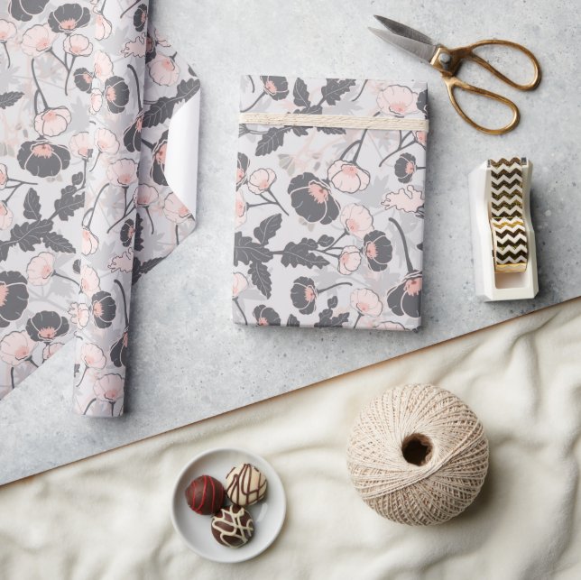 ElegantPink Gray Flowers Wrapping Paper (Crafts)