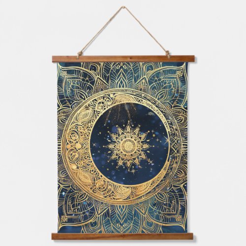 Elegeant Watercolor Blue Gold Mandala Sun Nebula  Hanging Tapestry