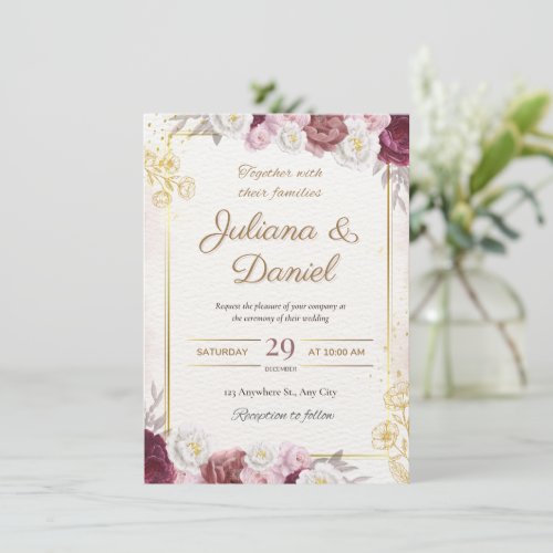 Elegent burgundy &blush floral wedding invitations