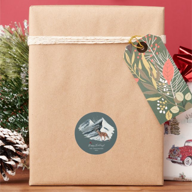 Elegent Christmas Winter Mountain Scene  Classic Round Sticker (Holiday)